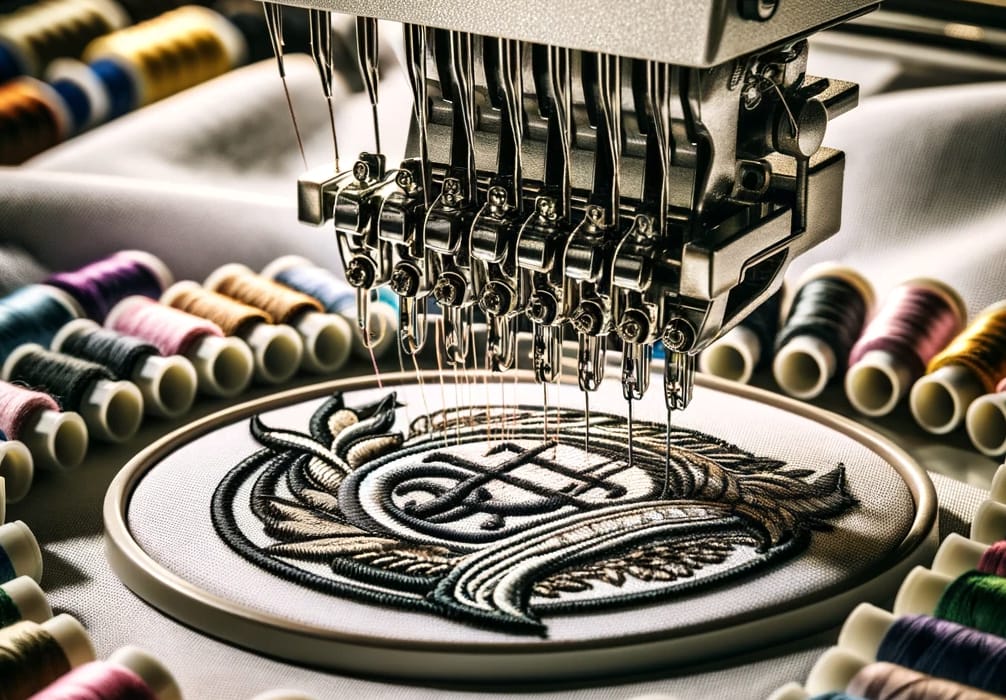 Een artistieke close-up van een borduurmachine voor bedrijfskleding borduren promotionele kleding borduren en werkkledingborduren